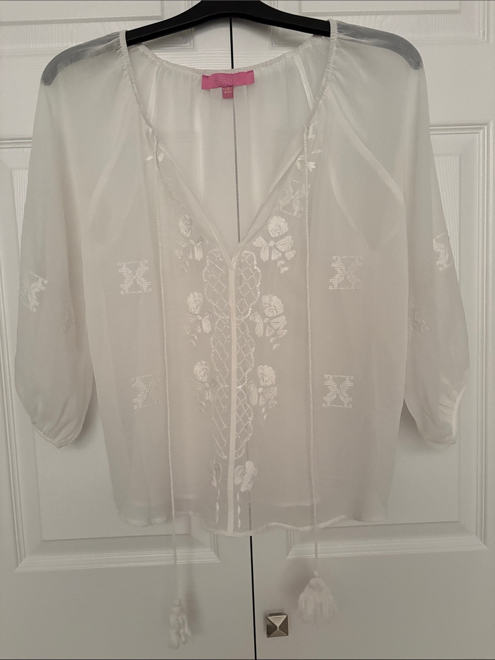 Under Skies White Sheer Embroidered Peasant Blouse with Tassel Ties